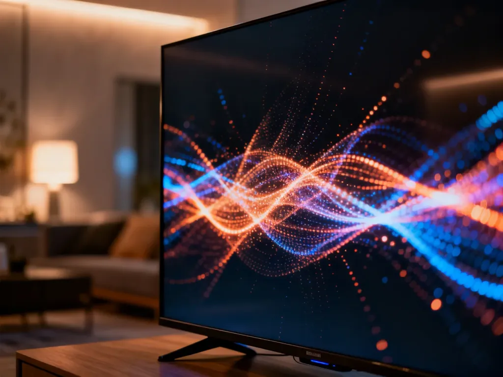 Nowoczesny telewizor w przytulnym salonie wyświetlający obraz o wysokim kontraście i żywych kolorach w technologii HDR.