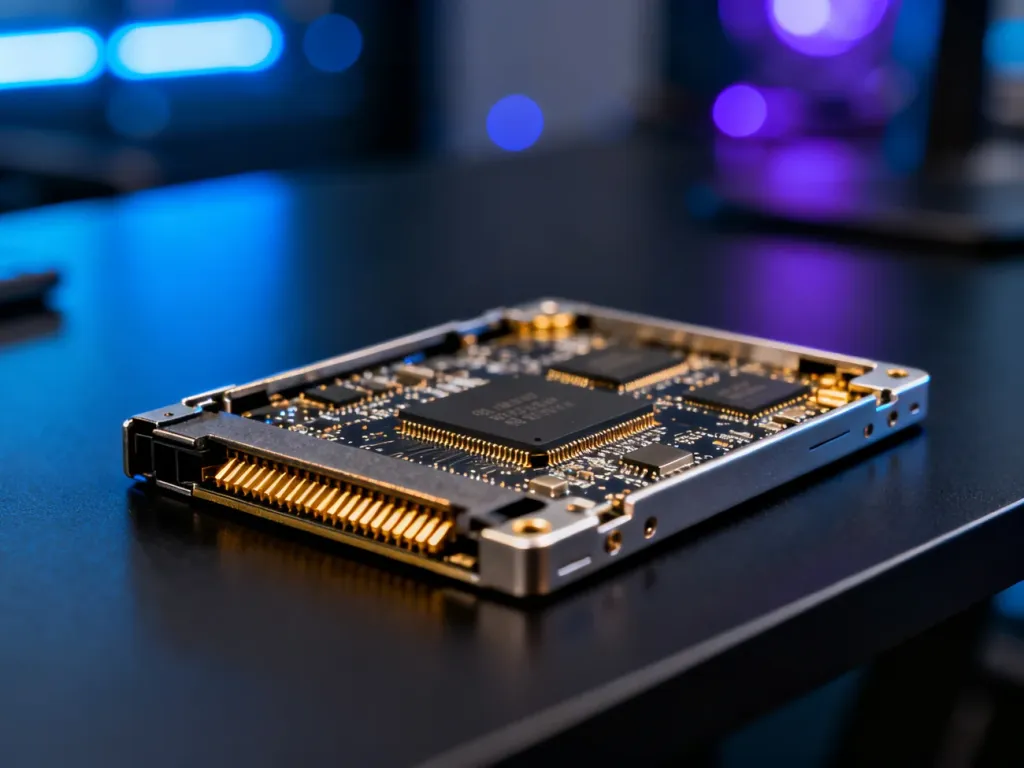 Zbliżenie na płytkę drukowaną dysku SSD z widocznymi układami scalonymi w nowoczesnym, technologicznym oświetleniu.