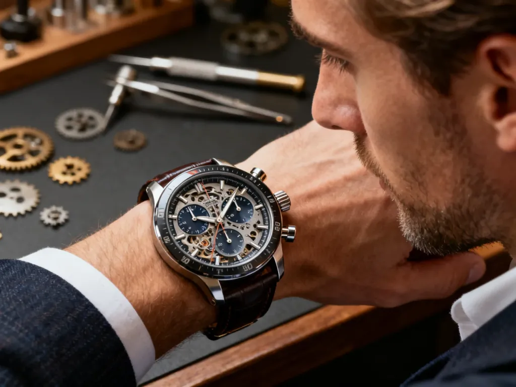 Zbliżenie na tarczę eleganckiego zegarka z chronografem na nadgarstku mężczyzny, w tle warsztat zegarmistrzowski.