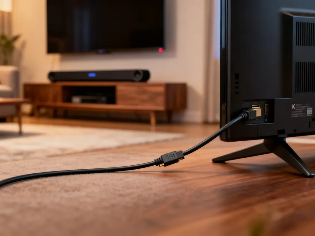 Kabel HDMI podłączony do telewizora 4K w nowoczesnym salonie z soundbarem, ilustrujący działanie technologii HDMI ARC.