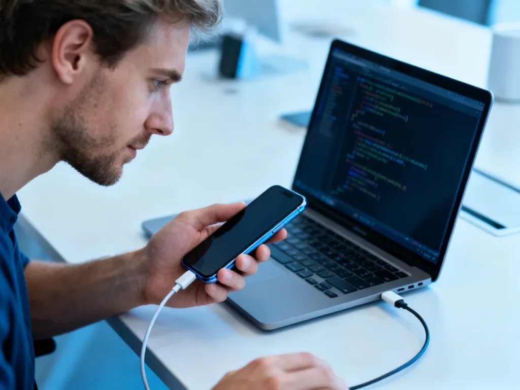 Mężczyzna podłącza smartfon kablem USB do laptopa, na którego ekranie widać wiersze kodu trybu Fastboot.