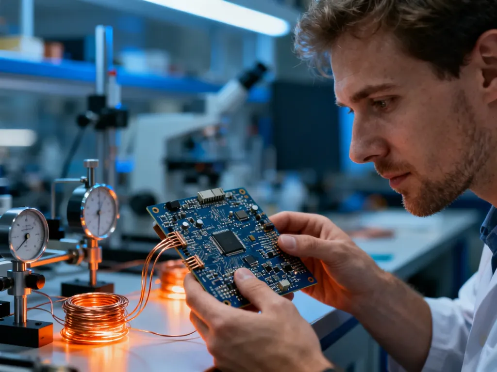 Specjalista analizuje skomplikowany układ elektroniczny, podkreślając znaczenie precyzji w badaniu rezystancji.