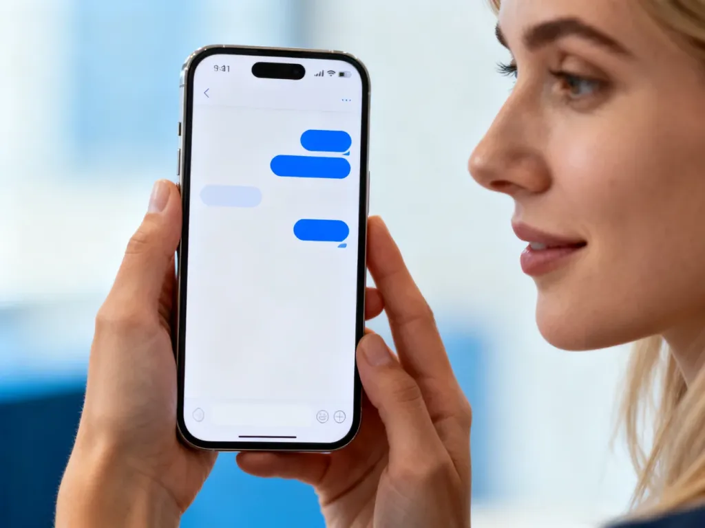 Smartfon z otwartą aplikacją iMessage, prezentujący charakterystyczne niebieskie dymki czatu na minimalistycznym ekranie.