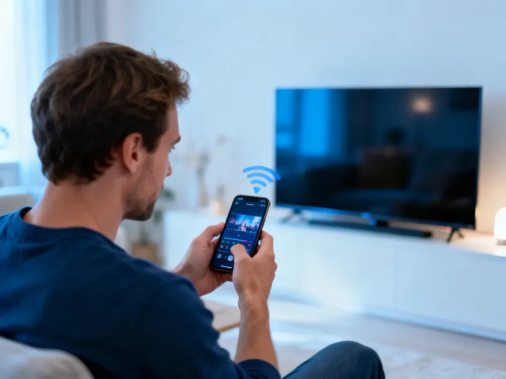 Mężczyzna przesyła bezprzewodowo obraz ze smartfona na ekran telewizora w nowoczesnym salonie.