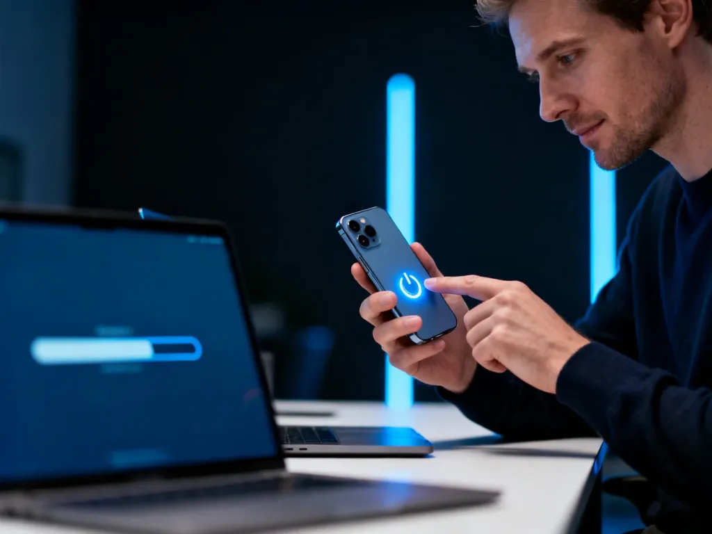 Mężczyzna trzymający smartfon z podświetlanym przyciskiem zasilania, symbolizujący proces restartowania urządzenia.