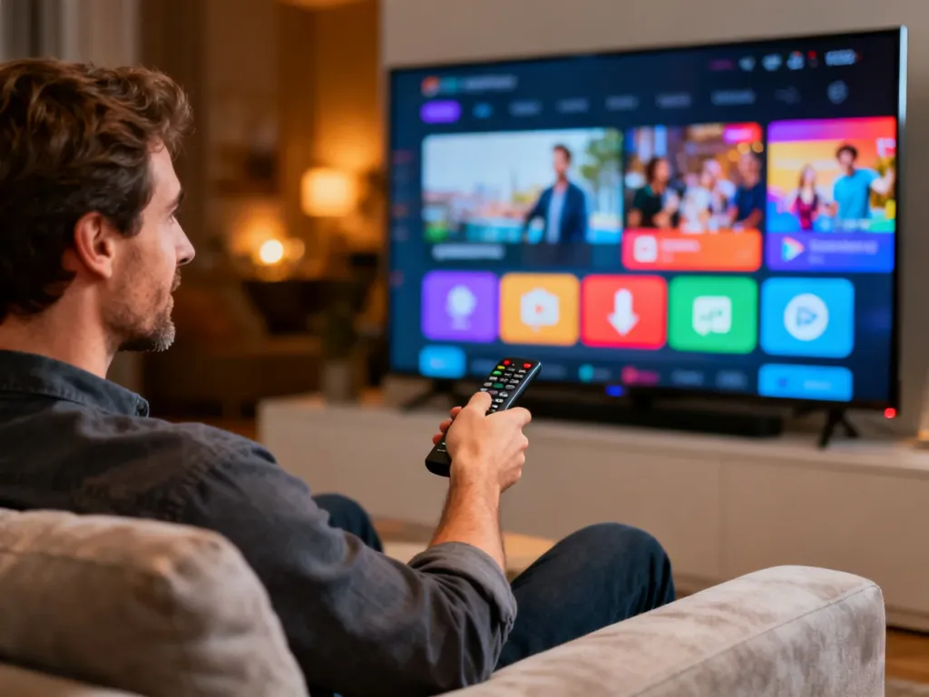 Mężczyzna na kanapie używa pilota, aby obsługiwać interaktywne menu na ekranie nowoczesnego telewizora typu Smart TV.