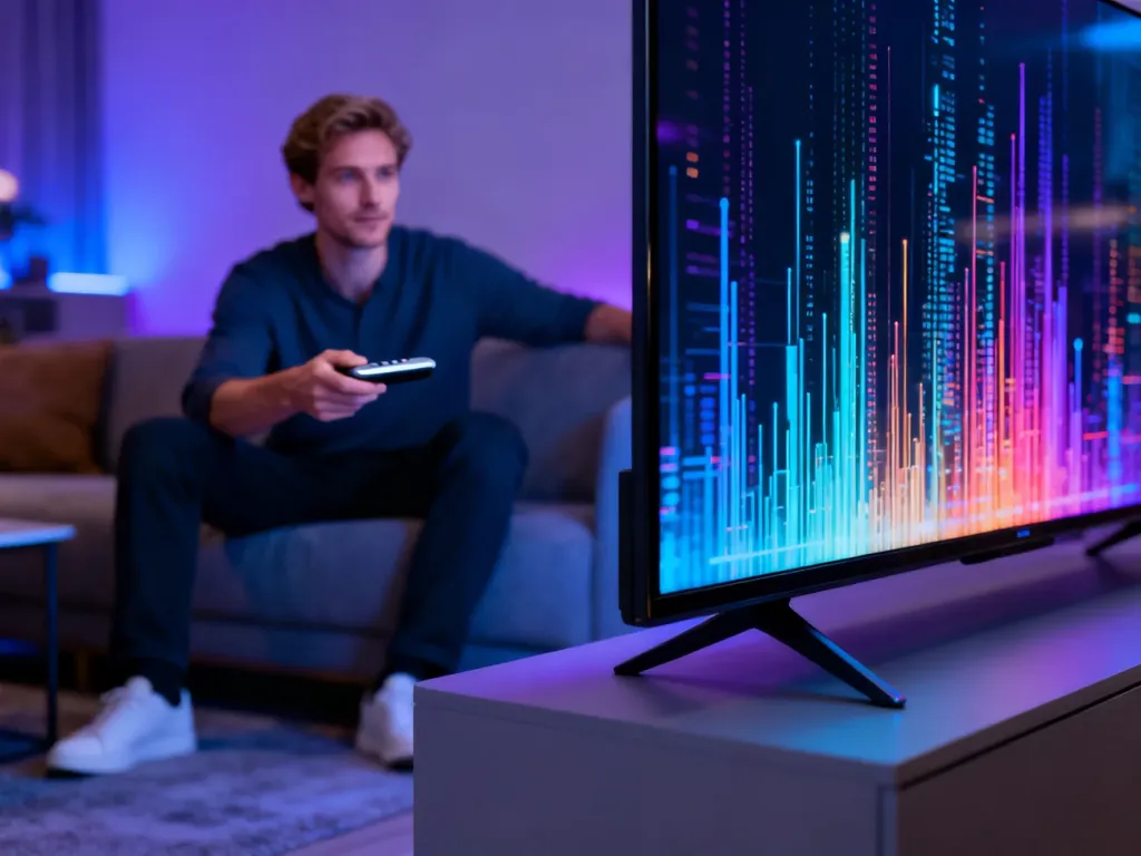 Nowoczesny salon z telewizorem wyświetlającym cyfrowe dane, symbolizujący działanie technologii IPTV.
